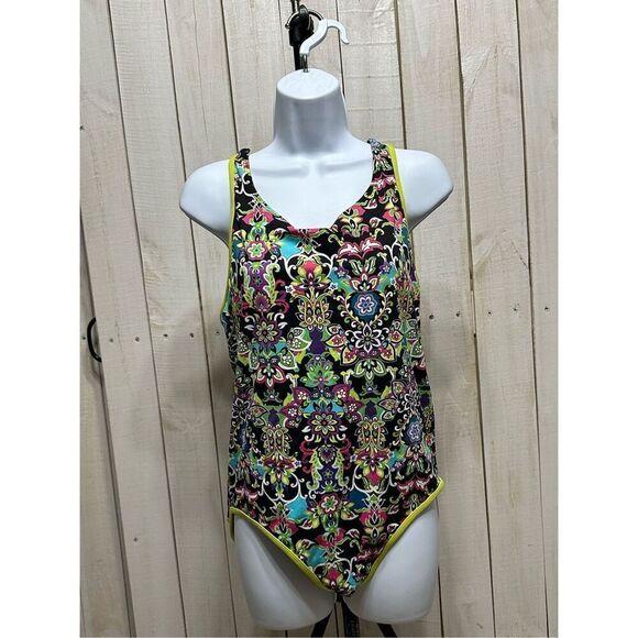 Athleta Green Black Yellow One Pice Swimsuit Size 12 - Picture 7 of 7